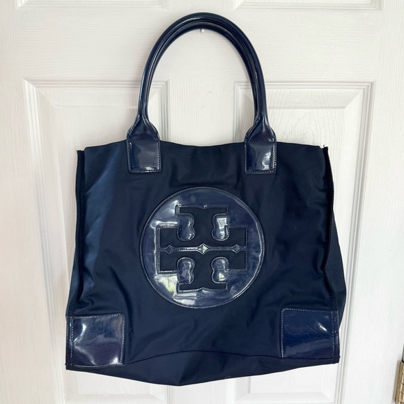 TORY BURCH Leather-Trimmed Navy Ella Tote bag Women’s Size L - Picture 1 of 16